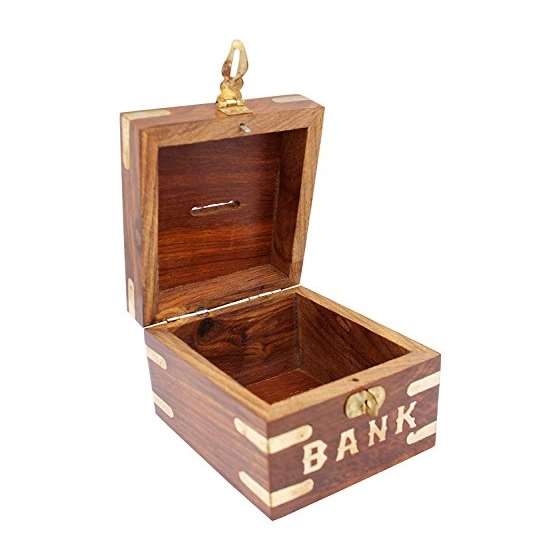 Indian Glance Wooden Carving Safe Coin Bank Mone-2