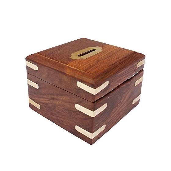 Indian Glance Wooden Carving Safe Coin Bank Mone-4