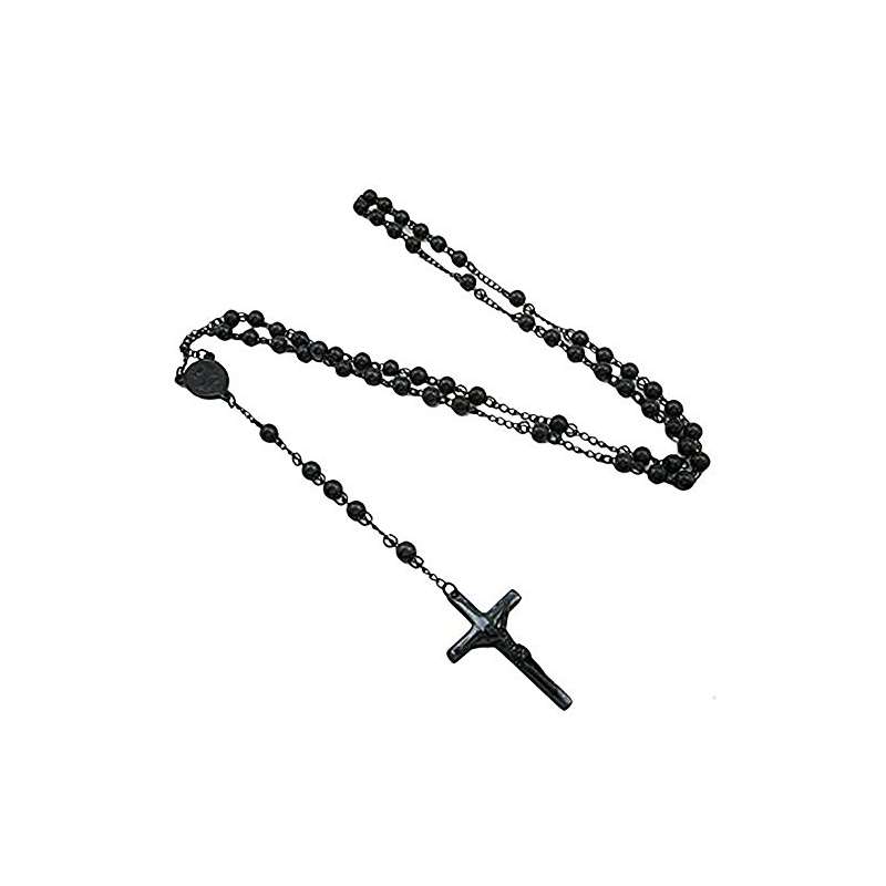 Mens Black Stainless Steel Rosary Necklace With Cr