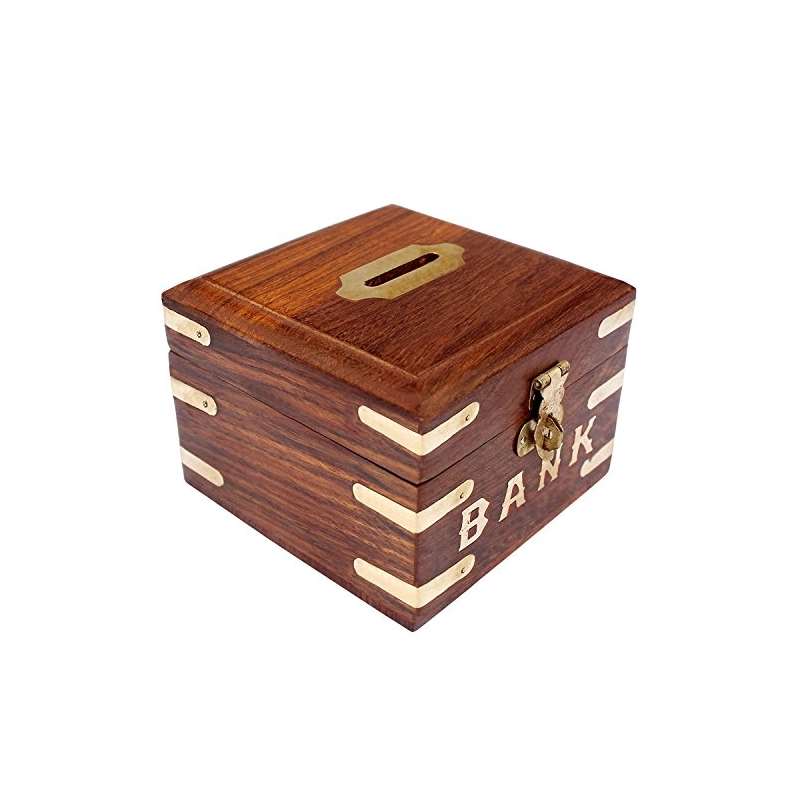 Indian Glance Wooden Carving Safe Coin Bank Money