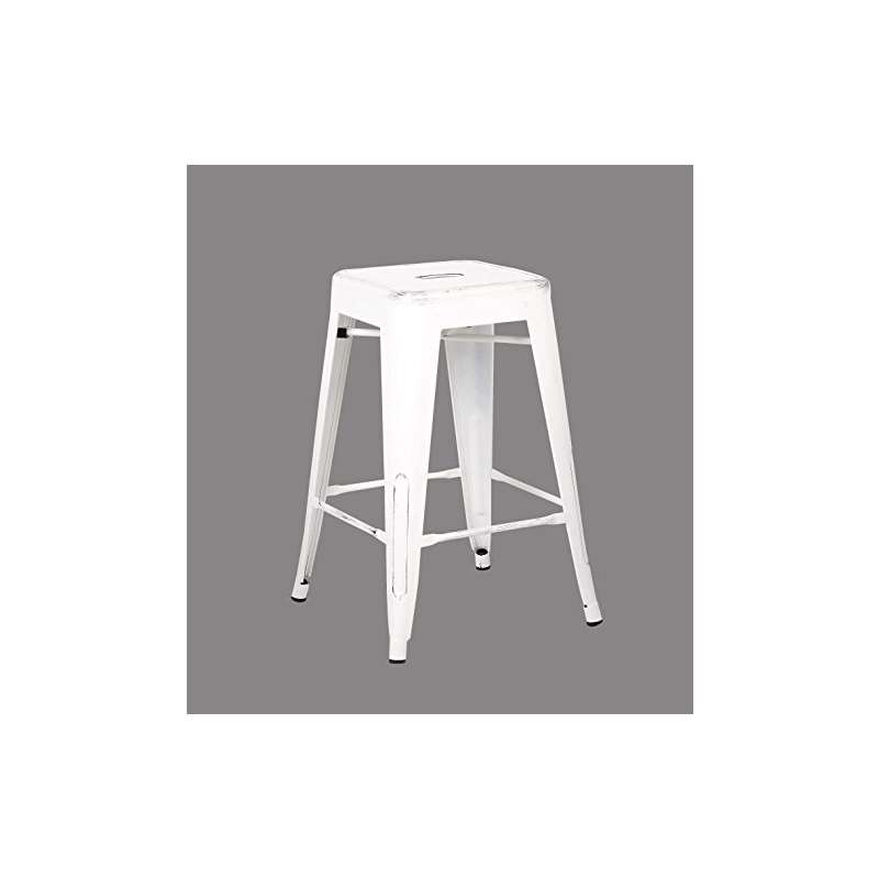 Backless Distressed Metal Barstool, White 24 -Inch